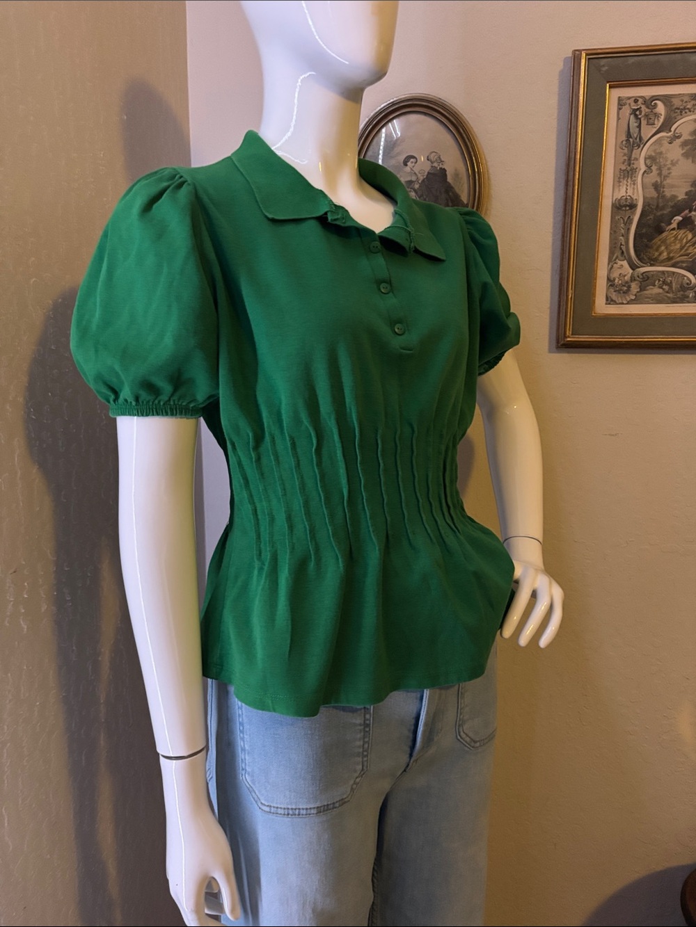 Zara Green Puff Sleeve Polo Blouse